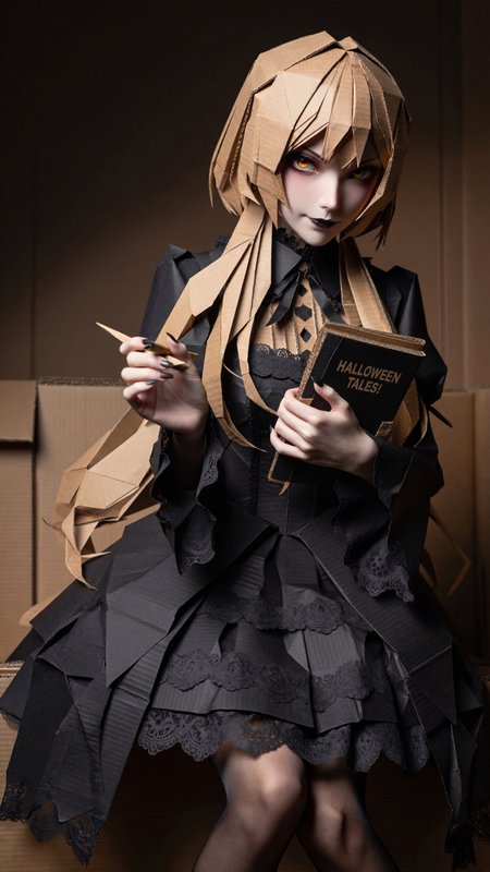 Surreal gothic anime character with geometric cardboard hair holds a Halloween Tales book and qui...