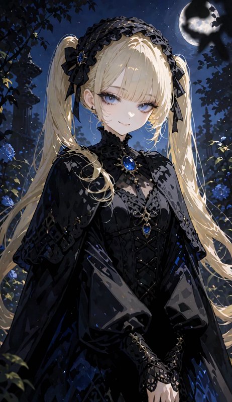 Anime gothic lolita girl with blonde twin tails stands in a moonlit night garden wearing an ornat...