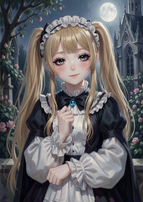 Anime blonde twin-tailed gothic lolita girl standing on a moonlit gothic castle balcony with pink...
