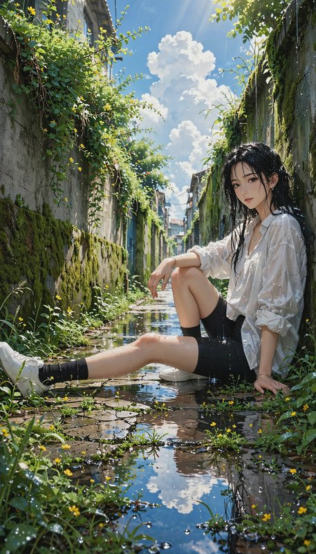 Anime style young woman sits against a mossy wall on a wet sunlit overgrown alley path after rain...
