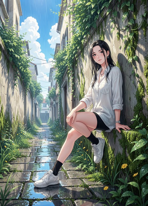 Anime young woman leans against a mossy wall in a sunlit overgrown cobblestone alley after summer...