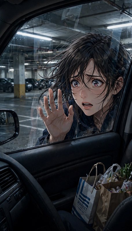 Distressed dark-haired anime girl presses hand to rain-streaked car window, viewed from inside a ...