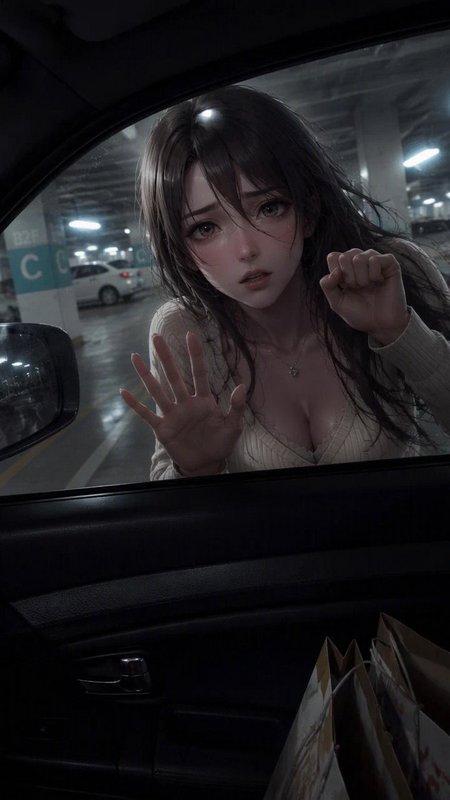 Distressed young anime woman presses her hands to a car window in a dim underground parking garage