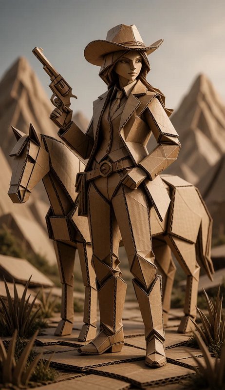 Folded cardboard female gunslinger holds a revolver, standing next to a geometric cardboard horse...