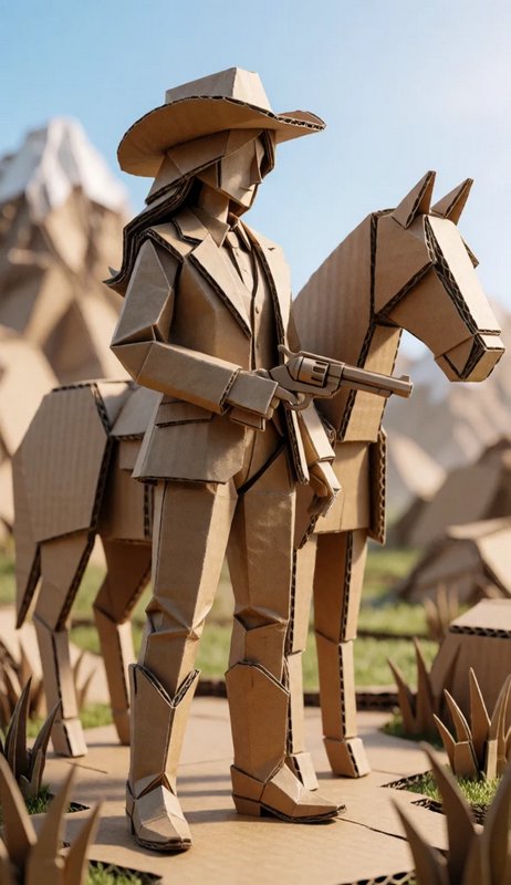 Folded corrugated cardboard diorama of a wild west cowgirl holding a revolver standing next to a ...