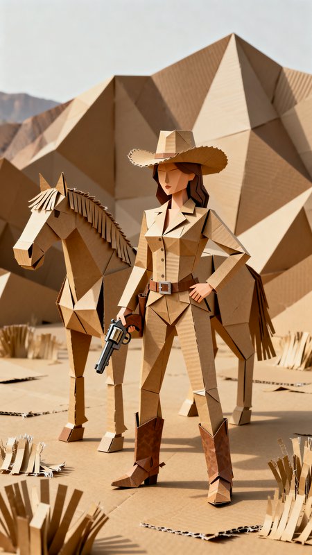 Folded cardboard diorama of a wild west cowgirl holding a revolver standing beside her geometric ...