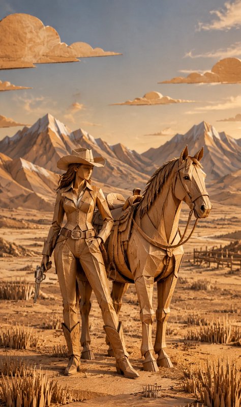 Intricate folded paper craft cowgirl holding a revolver stands beside her saddled horse in a sunl...