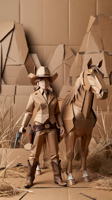 Intricate folded cardboard art diorama of a western cowgirl figure standing next to a handmade ca...