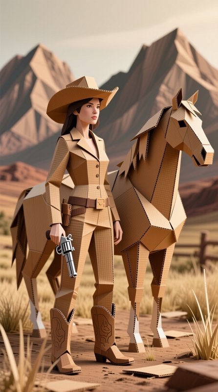 Low-poly cardboard craft cowgirl holding a revolver stands next to a geometric horse in a desert ...