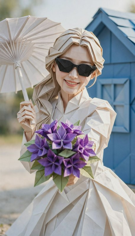Origami folded paper woman with geometric sunglasses holds a paper parasol and purple flower bouq...
