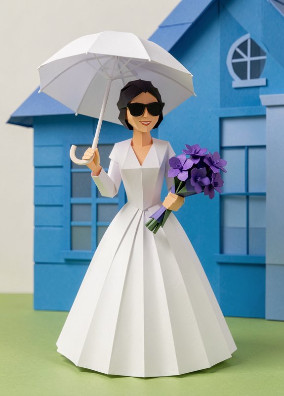 Geometric papercraft bride in a wedding dress holding an umbrella and purple bouquet, in front of...