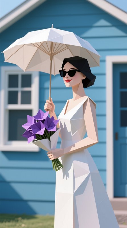 Low poly origami-style woman in a white dress holds a parasol and purple flower bouquet outside a...