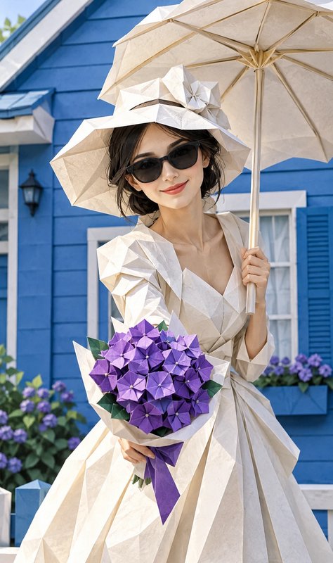 Stylish woman in origami paper attire holds purple hydrangea bouquet outside a bright blue cottage