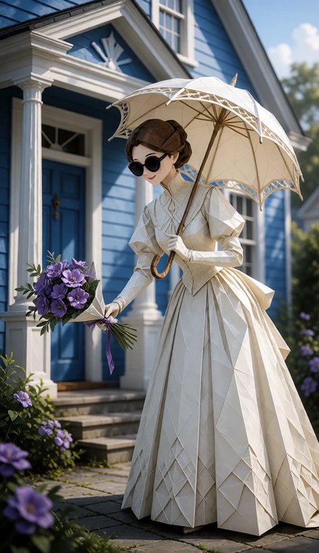 Origami Victorian woman holding lace parasol and purple flower bouquet outside a sunlit blue cottage