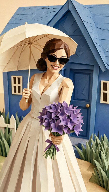 Folded paper craft illustration of a smiling sunglasses-wearing bride holding an umbrella and pur...