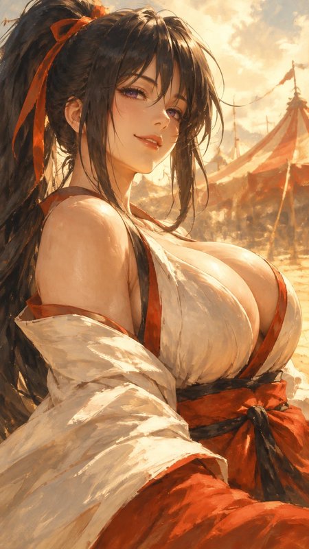Painterly anime portrait of a smiling woman in miko attire, dark ponytail with red ribbon, sunlit...