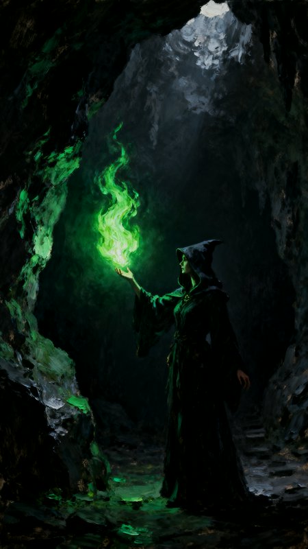 Hooded robed wizard conjures glowing swirling green magic flame while standing inside a dark rock...
