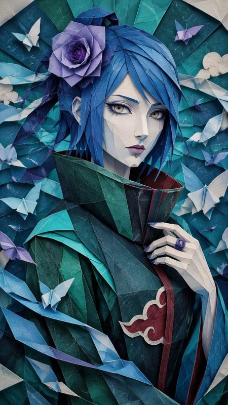 Intricate folded origami portrait of Naruto character Konan, with a purple rose hair accessory, s...