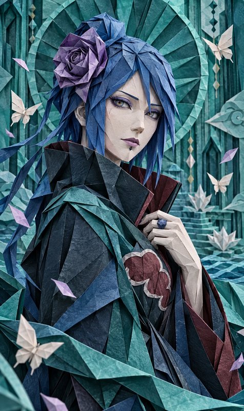 Intricate origami-style portrait of Naruto character Konan, with folded paper details, a purple p...