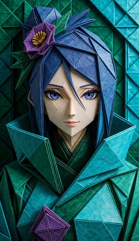 Intricate folded origami portrait of a blue-haired anime female character with a purple paper flo...