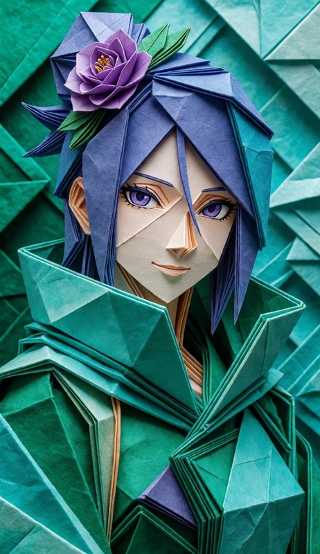 Precise folded origami portrait of a female anime character with purple hair, lavender rose hair ...