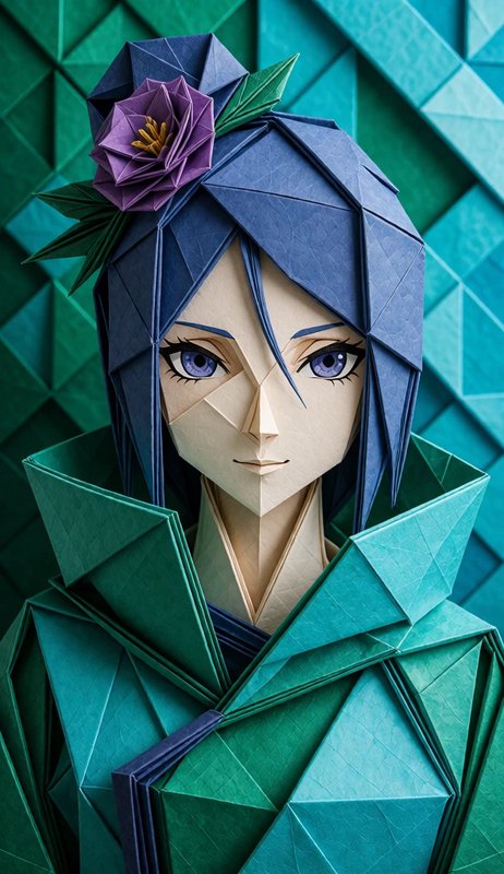 Close-up intricate origami portrait of an anime woman with blue hair, purple paper flower accent,...
