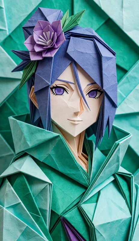 Intricate folded origami portrait of purple-haired anime character with floral hair accessory, gr...