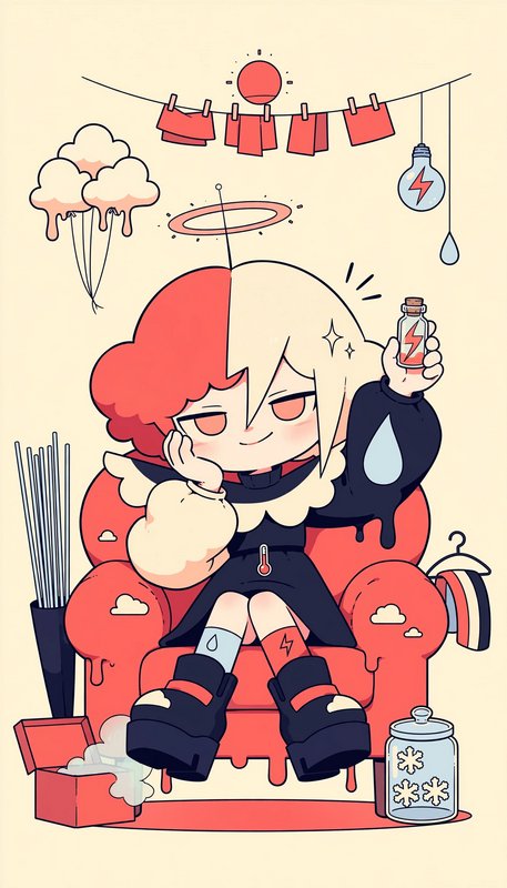 Chibi character with split red and blonde hair sits in a melting red armchair holding a lightning...