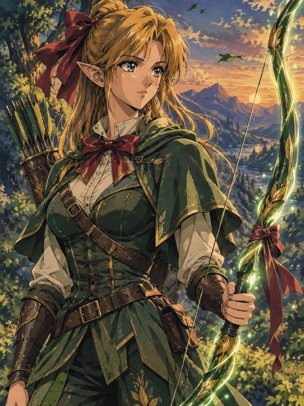 Blonde elf archer holding a glowing magical bow stands overlooking a fantasy forest valley at gol...