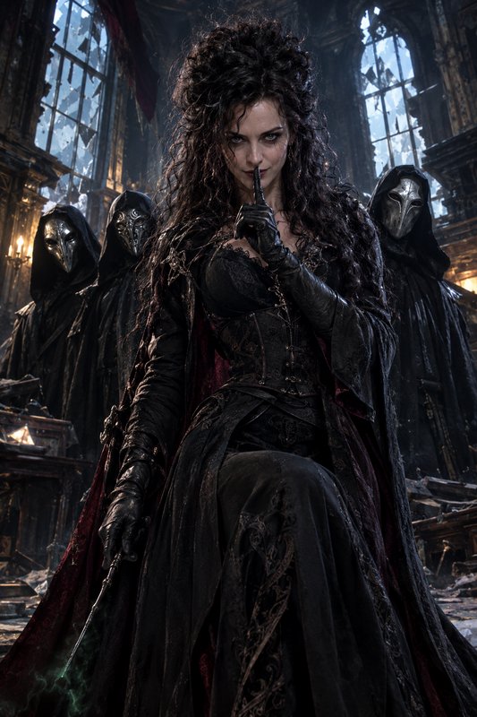 Gothic sorceress shushes the viewer, flanked by plague masked followers in a crumbling ruined cas...