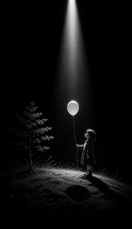 Small child holding a balloon stands gazing up at a beam of light on a dark grassy hill