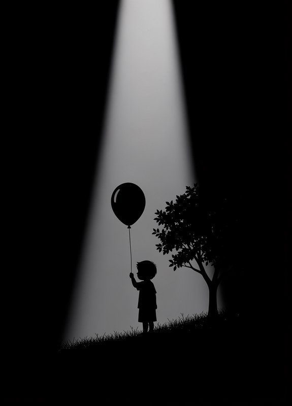 Silhouette of a young child holding a balloon standing in a spotlight next to a small tree