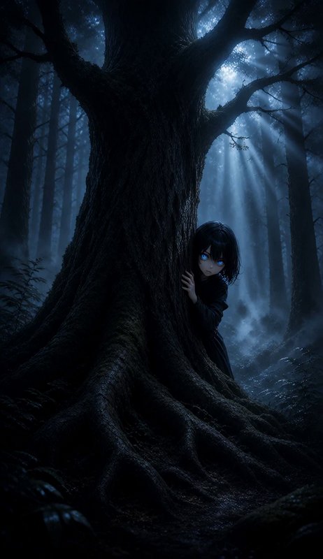 Anime girl with glowing blue eyes peeks out from behind a giant gnarled tree in a dark misty nigh...