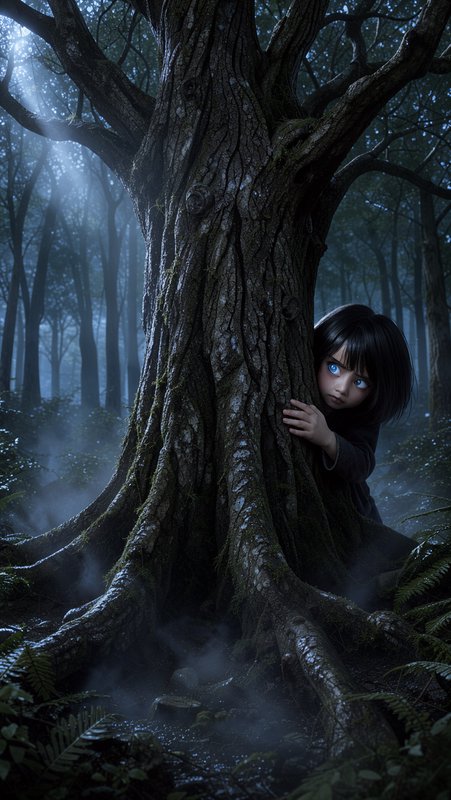 Girl with glowing blue eyes peeks cautiously from behind a gnarled tree in a misty moonlit forest
