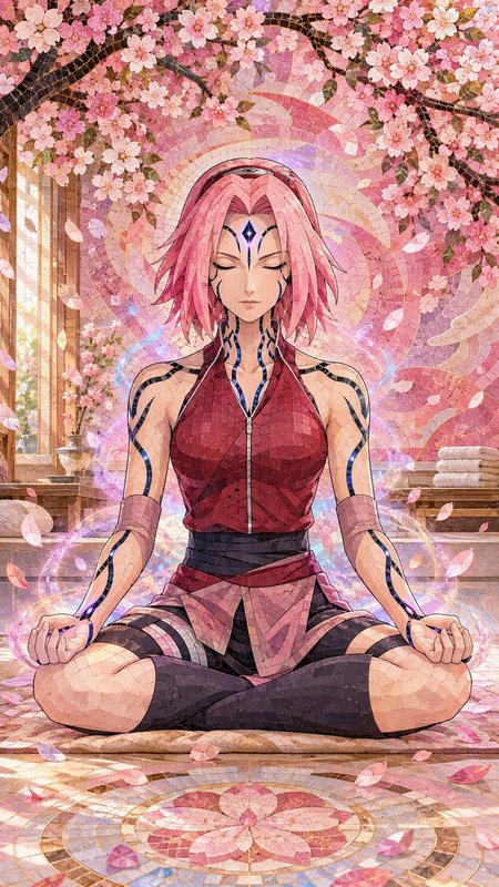 Mosaic style artwork of Sakura Haruno meditating cross-legged beneath blooming cherry blossom bra...