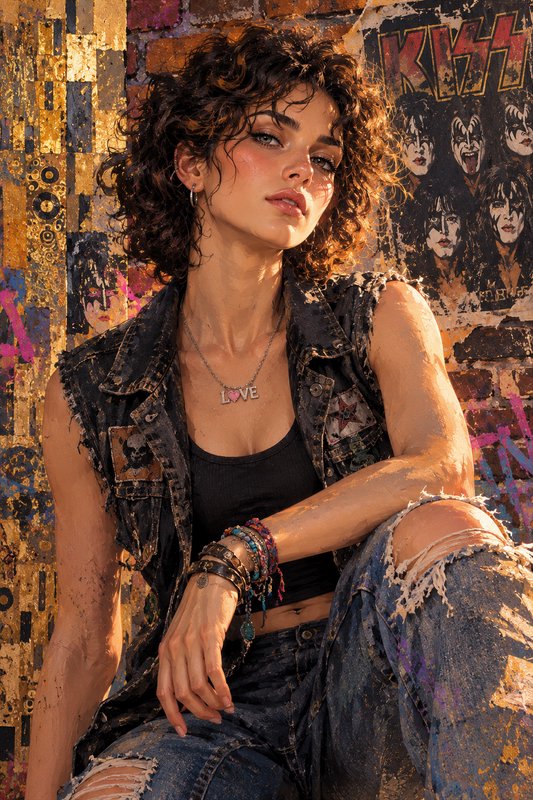 Young curly haired woman in punk attire poses against a graffiti brick wall with a vintage KISS p...