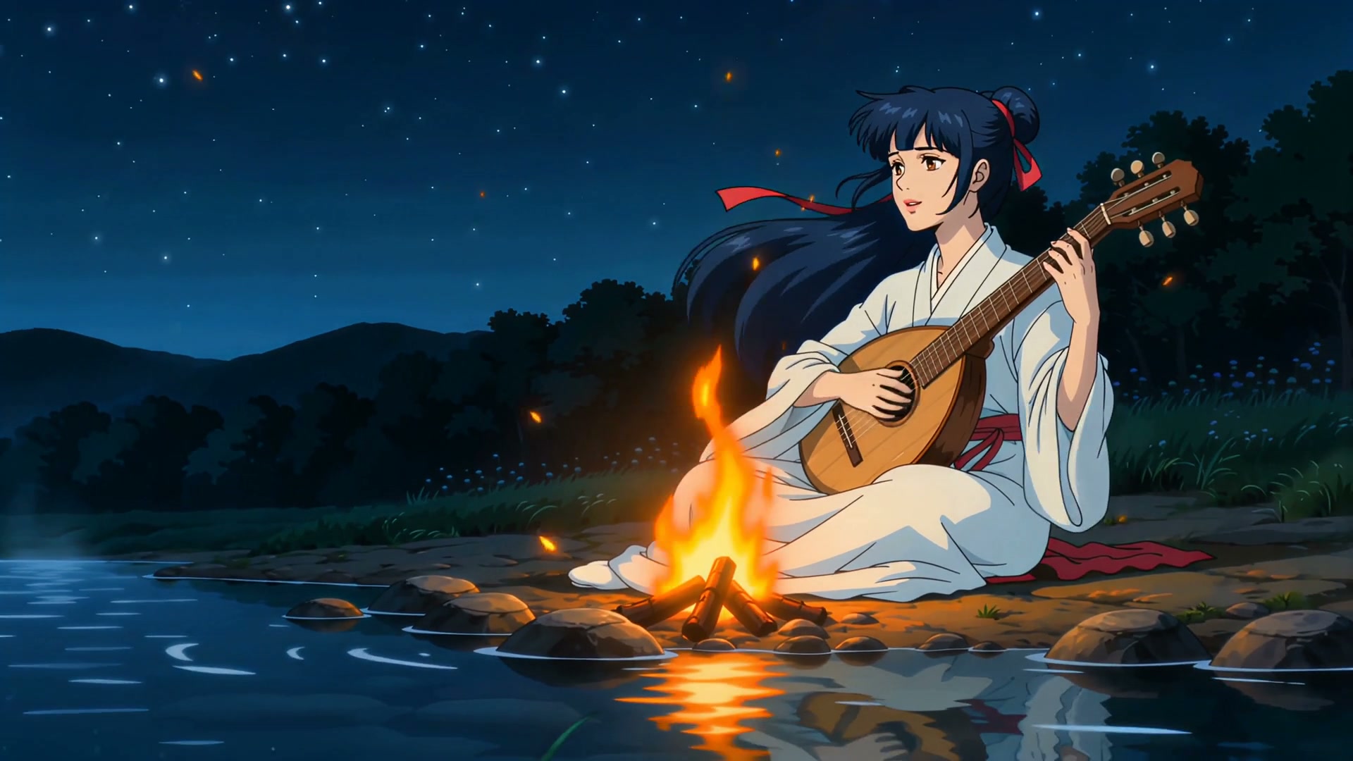 Anime woman in white robes sits by a campfire playing a guitar beside a starry night lake.
