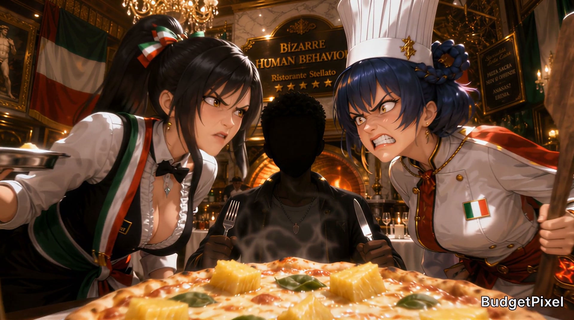 Two anime-style female chefs glare at a black-clad figure over a pizza in a luxurious Italian res...