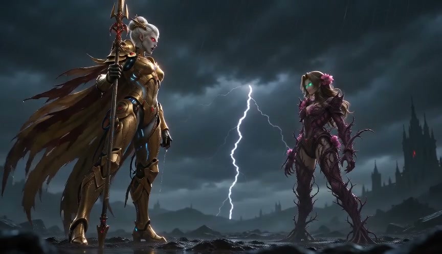 Two opposing fantasy female warriors face off under a stormy lightning-lit sky, one golden armore...