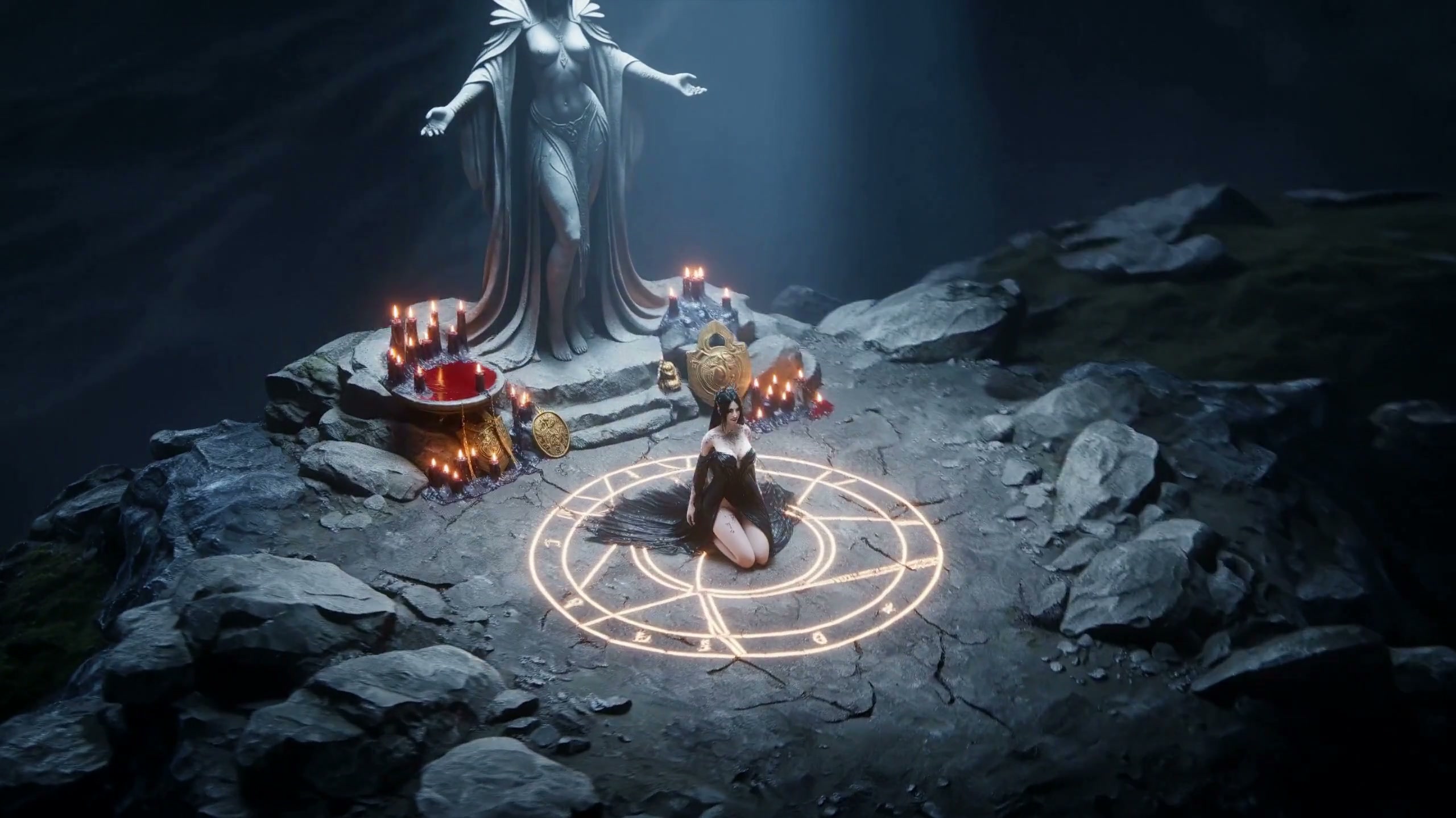 Gothic sorceress kneels in a glowing runic summoning circle before a candle-lit pagan altar and g...