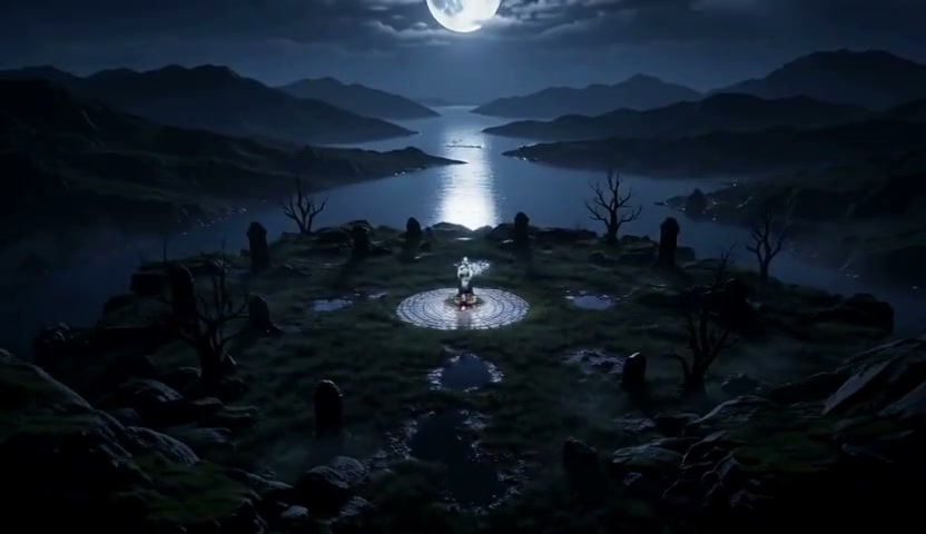 Mystical night scene with a glowing ritual circle in an ancient stone circle overlooking a moonli...