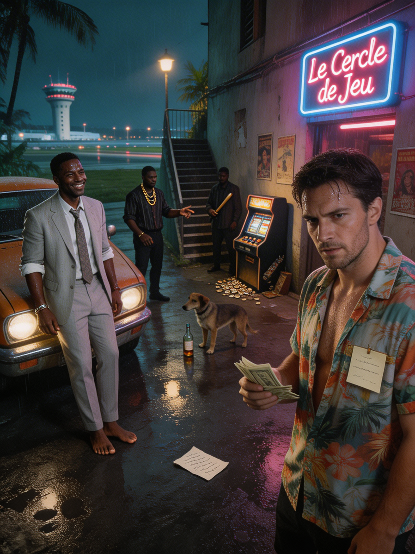 Nighttime neon-lit street scene with men in suits, money on wet ground, a dog, and a neon "Le Cercle de Jeu" sign.