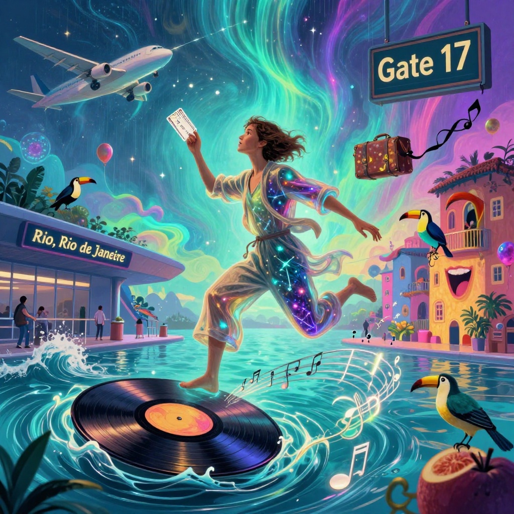 Vibrant surreal travel scene of a person leaping on a vinyl record over water with aurora lights and Rio-style buildings.