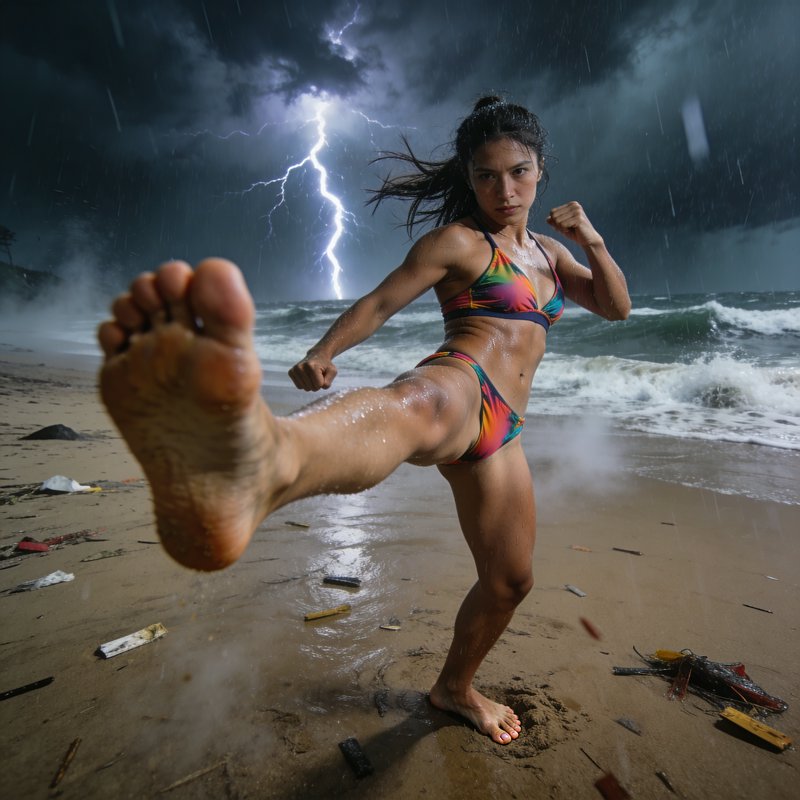 Athletic woman in a colorful bikini delivering a powerful kick on a stormy beach with a lightning bolt in the background.