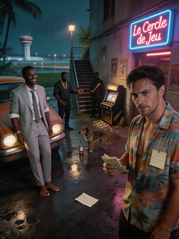 Nighttime neon-lit street scene with men in suits, money on wet ground, a dog, and a neon "Le Cercle de Jeu" sign.