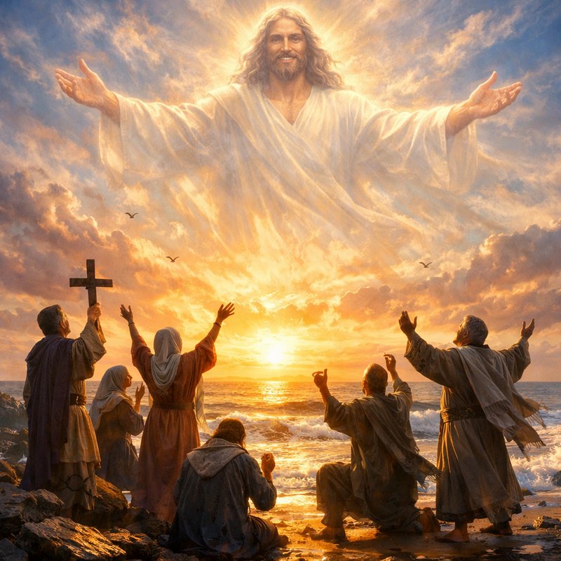 Illustration of a radiant, haloed Jesus figure hovering above disciples on a rocky beach at sunset