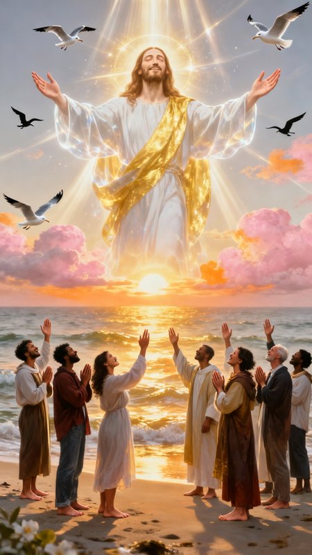 Jesus-like radiant figure ascending above a beach crowd bathed in golden light with halo and flying birds