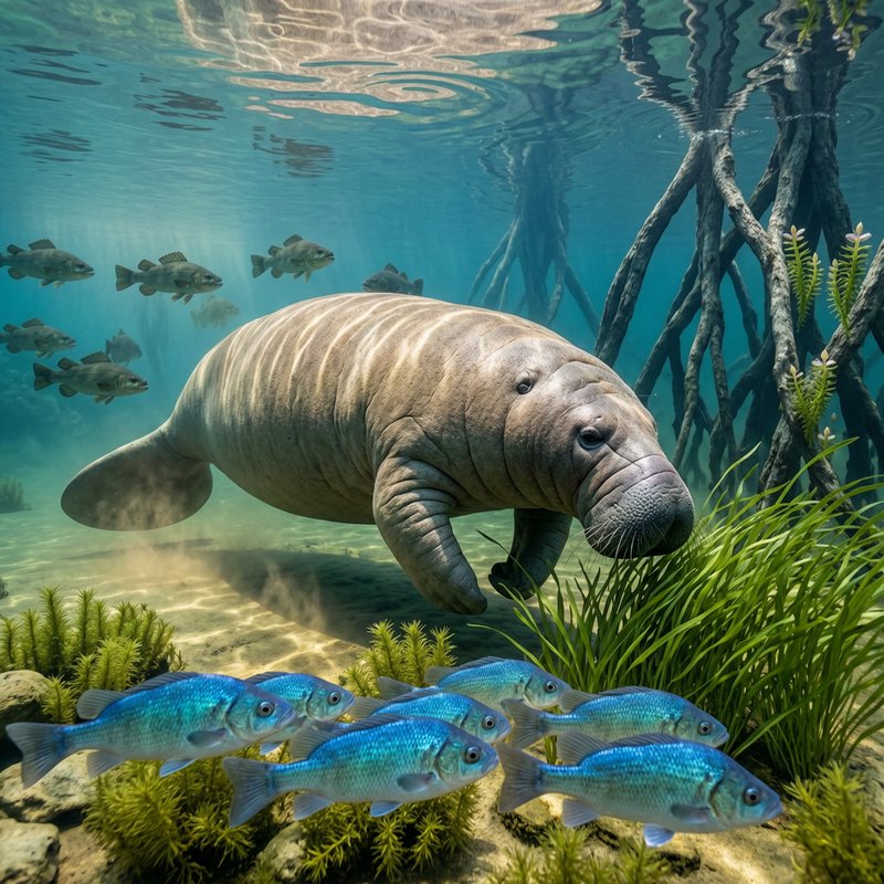 Underwater scene with a manatee swimming near blue fish among mangrove roots