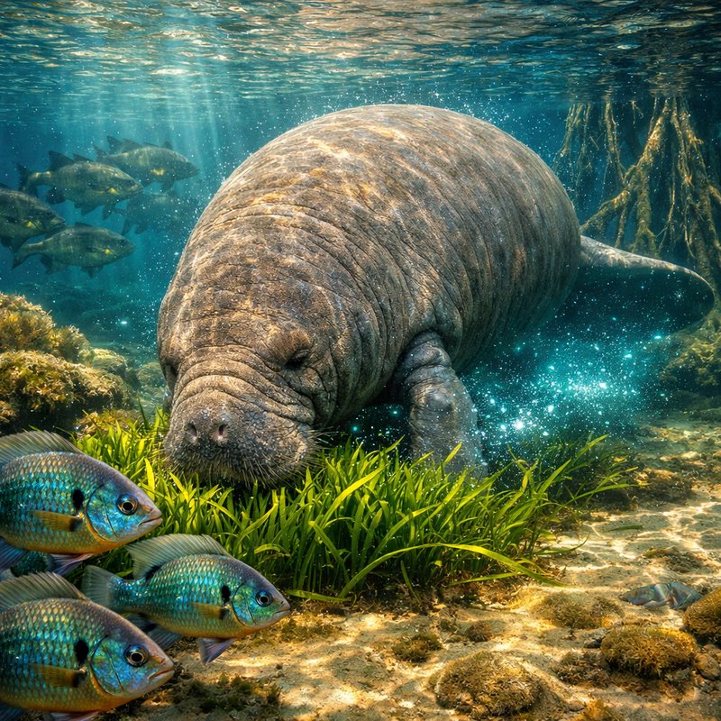 Large manatee grazing seagrass underwater with colorful tropical fish nearby.