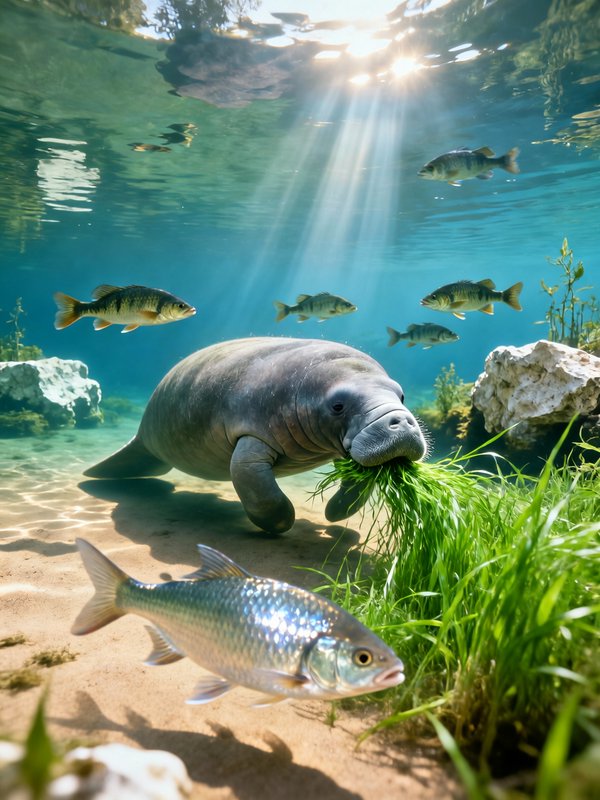 Underwater manatee grazing seagrass with a school of fish in clear turquoise water.